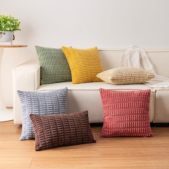 Pack of 2 Corduroy Decorative Throw Pillow Covers 12x20 Inch Soft Striped Pillow Covers Modern Farmhouse Home Decor for Sofa Living Room Couch Bed（Light Brown）