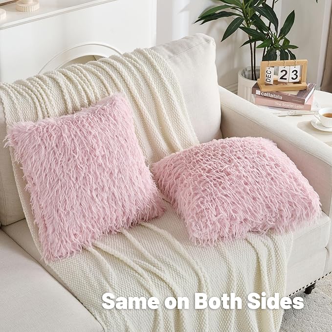 FUTEI Pink Decorative Throw Pillow Covers 26x26 Inch Set of 2,Soft Fluffy Faux Feather Texture Euro Pillow Shams,Modern Home Luxury Decor for Couch Bed Living Room