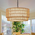 Rattan Pendant Light Fixtures, 3-Light Chandeliers for Dining Room,2-Tier Boho Woven 18” Modern Hanging Drum Lighting with Fabric Shade for Living Room Kitchen Island Entryway Hallway
