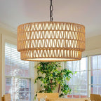 Rattan Pendant Light Fixtures, 3-Light Chandeliers for Dining Room,2-Tier Boho Woven 18” Modern Hanging Drum Lighting with Fabric Shade for Living Room Kitchen Island Entryway Hallway