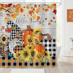 Fall Gnome Plaid Pumpkin Shower Curtain Autumn Maple Leaves Sunflower Orange Plaid Thanksgiving Farmhouse Bathroom Curtains Waterproof Polyester Fabric Bath Curtain 72 x 72 Inch with 12 Hooks