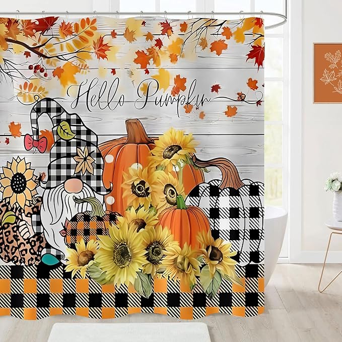 Fall Gnome Plaid Pumpkin Shower Curtain Autumn Maple Leaves Sunflower Orange Plaid Thanksgiving Farmhouse Bathroom Curtains Waterproof Polyester Fabric Bath Curtain 72 x 72 Inch with 12 Hooks