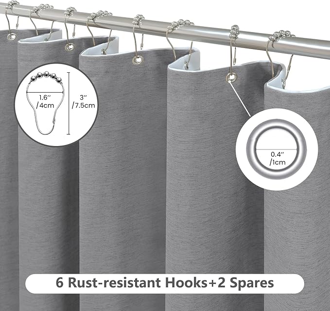 Inhousolu Boho Farmhouse Shower Curtain with Fabric Liner Set, Faux Linen Textured, 8 Metal Hooks Luxury Weighted Hem, Washable Wrinkle Free Bath Curtain for Hotel Bathroom 36" W x 72" L Grey