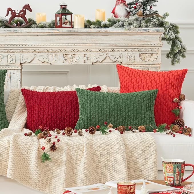 Kevin Textile Christmas Lumbar Throw Pillow Covers Ultra Soft Solid Striped Corduroy Rectangle Pillow Cover for Sofa 12 x 20 inch Burgundy 2 Pieces