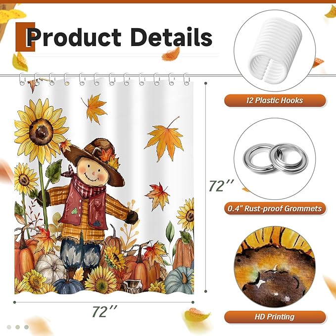 Scarecrow Pumpkin Harvest Shower Curtain, Autumn Thanksgiving Home Decor Fall Bathroom Curtain Set - 72x72 Inch Waterproof Polyester Fabric with Hooks