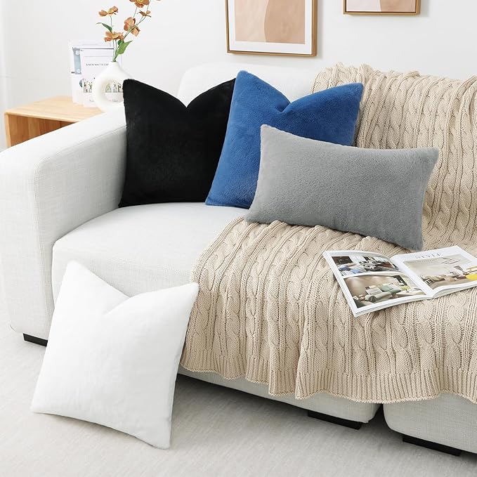 Pallene Faux Fur Plush Lumbar Throw Pillow Covers 12x20 Set of 2, Soft Fluffy Couch Pillow Covers for Living Room, Navy Blue