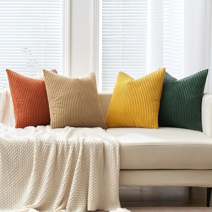 MIULEE Fall Pack of 4 Green-Rust Corduroy Decorative Throw Pillow Covers 18x18 Inch Soft Boho Striped Pillow Covers Modern Farmhouse Home Decor for Winter Sofa Living Room Couch Bed