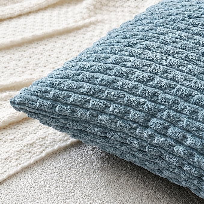 MIULEE Pack of 2 Decorative Lumbar Throw Pillow Covers 12x20 Inch Soft Boho Striped Textured Corduroy Pillow Covers Modern Farmhouse Home Decor for Couch Bed Sofa Living Room Blue Grey