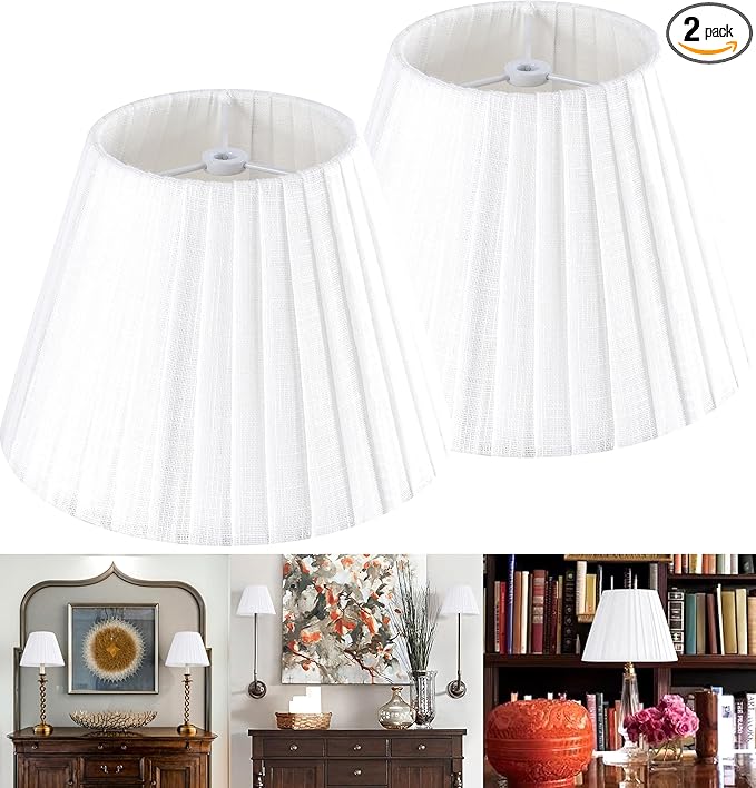 GO&SO 2 Pack Linen Pleated Bell Lamp Shades for Table Lamps, Wall Lamps,5"x9"x6.4" (Spider) White Lampshades Small Natural Fabric Bedroom, Living Room Traditional Decoration Replacement