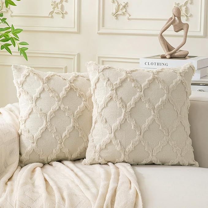 Set of 2 Soft Moroccan Throw Pillow Covers 16x16 Inch Plush Boho Decorative Pillow Cover Accent Cushion Case for Couch Sofa Bed, Beige