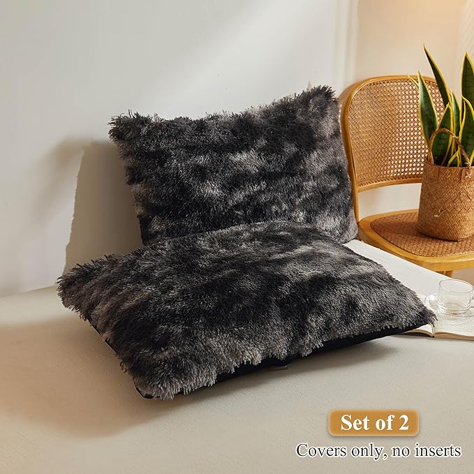 XeGe Tie Dye Faux Fur Fluffy Throw Pillow Cases, Plush Shaggy Soft Furry Pillowcases, Marble Print Velvet Fuzzy Decorative Pillow Covers for Bed Couch Zipper Closure, Set of 2(Standard, Tie Dye Black)
