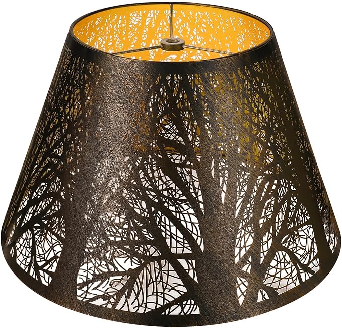 Metal Lamp Shade, ALUCSET Barrel Lampshade with Pattern of Trees Lampshades for Table Lamp, Metal Lamp Shades 7" Top x 13" Bottom x 7.8" High Spider Fitter, Bronze Gold