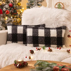 AQOTHES Black White Plaid Winter Throw Pillow Covers 12x20 Inch Set of 2, Boucle Faux Fur Pillow Covers,Cozy Fluffy Home Living Room Farmhouse Decor for Sofa Couch Bed
