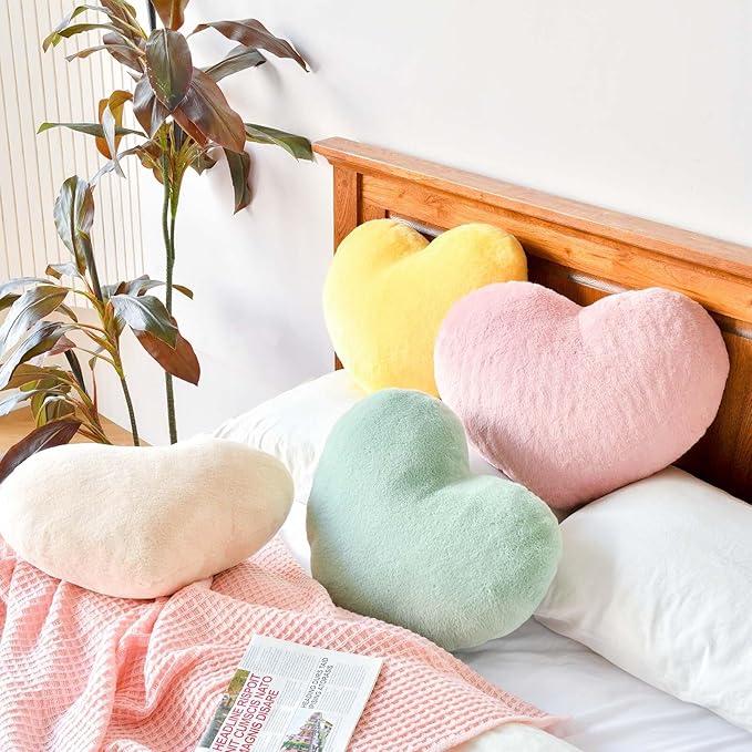 Dusty Pink Heart Pillows, Cute Heart Decorative Pillow, Heart Shaped Throw Pillows for Bed, Faux Rabbit Fur Plush Hoom Decor Pillow Cushion for Chair Sofa Living Room (Medium-15.7"x11.8")