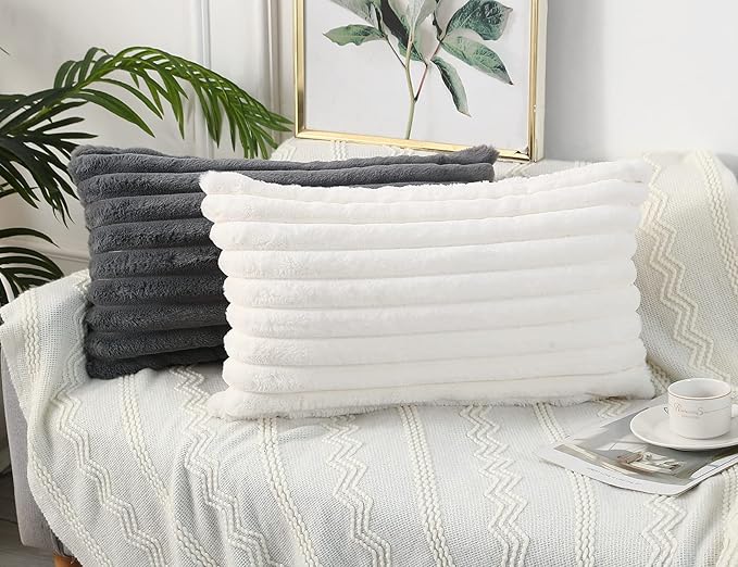 PANOD Faux Fur Decorative Lumbar Throw Pillow Covers 14 x 24,Long Boho Lumbar Pillow Covers Pillow Case Cushion Case for Couch Bed Sofa Farmhouse Livingroom,White