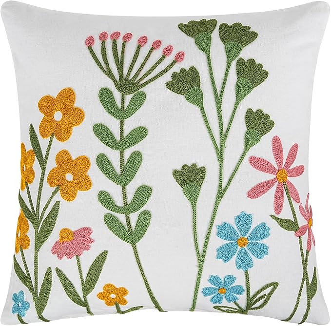 Adabana Neutral Decorative Floral Pillow Covers 18x18 Inch Boho Embroidered Throw Pillow Cover Farmhouse Couch Cushion Cases for Bed Sofa Bedrrom Living Room Decor,Spring Floral