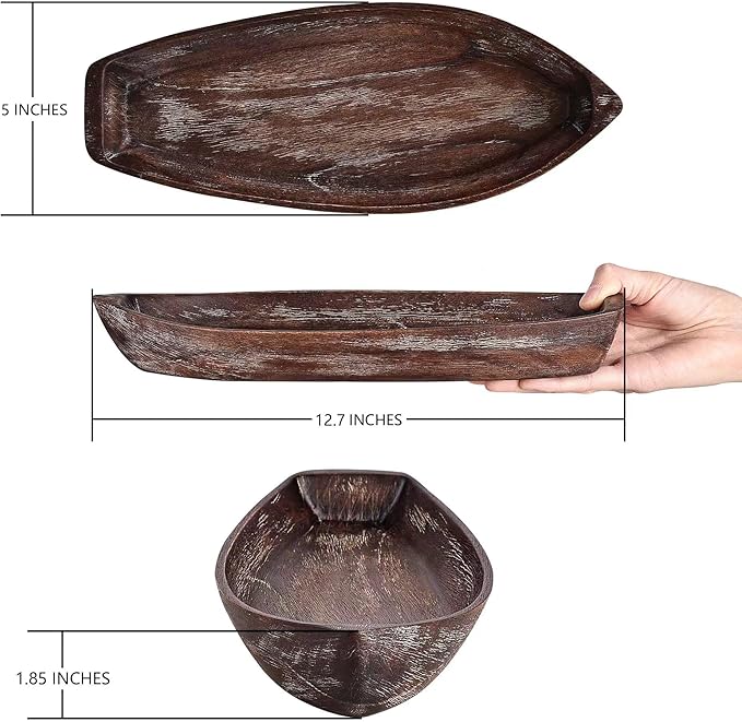 Rustic Wooden Serving Tray, Boat Shape Decorative Tray Vintage Centerpiece, Farmhouse Rustic Trays, Key Tray, Decorative Platter for Countertop Home Decorations- Distressed Brown。(Size M)