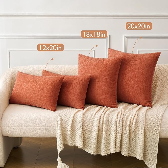 MIULEE Fall Pack of 2 Couch Throw Pillow Covers 20x20 Inch Soft Burnt Orange Chenille Pillow Covers for Sofa Living Room Solid Dyed Pillow Cases