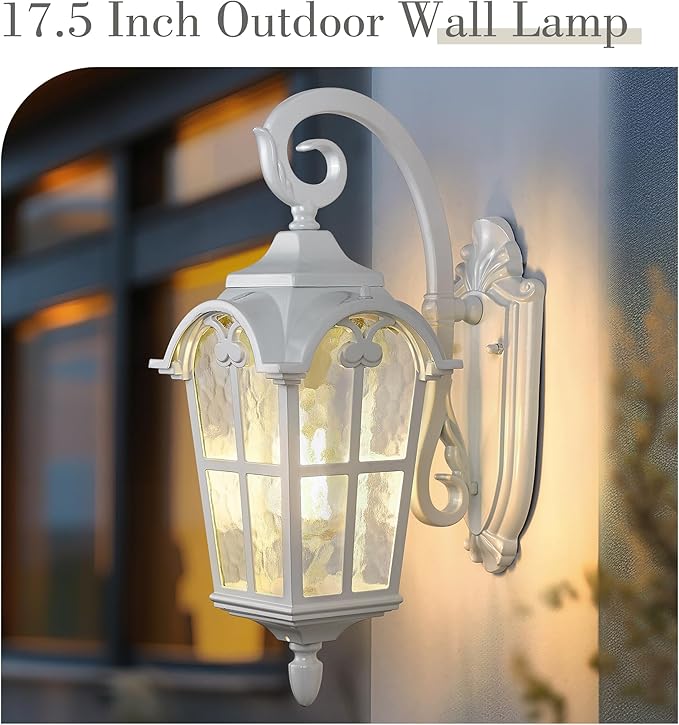 Emliviar Outdoor Wall Lights, 1-Light Modern Outside Lights for House, 17.5 Inch Height with Water Glass, White Finish, WE215B WH