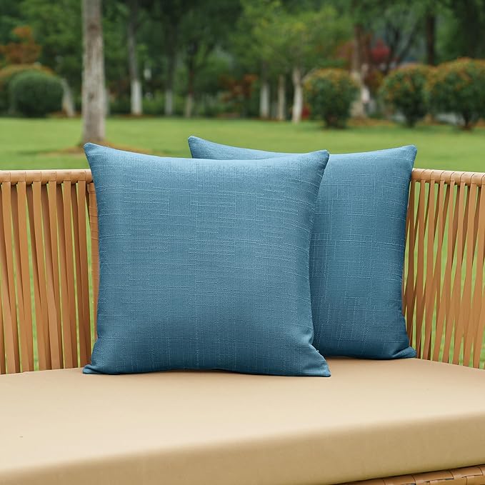 NiNi ALL Pack of 2 Decorative Outdoor Waterproof Pillow Covers Square Garden Linen Textured Cushion Sham Throw Pillowcase Set of 2 for Patio Farmhouse Garden Tent Couch 16x16 Inch Dark Blue