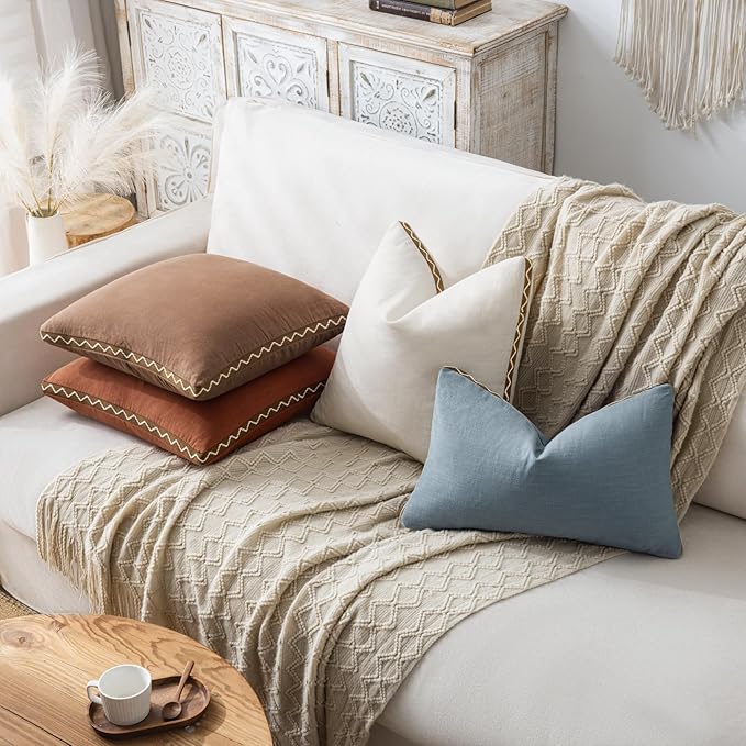 Decorative Neutral Linen Throw Pillow Covers 20x20 Inch Set of 2, Cream White Boho Farmhouse Pillow Covers with Braid Fringe for Sofa Bed Modern Couch Pillow Cases for Organic Home Decor