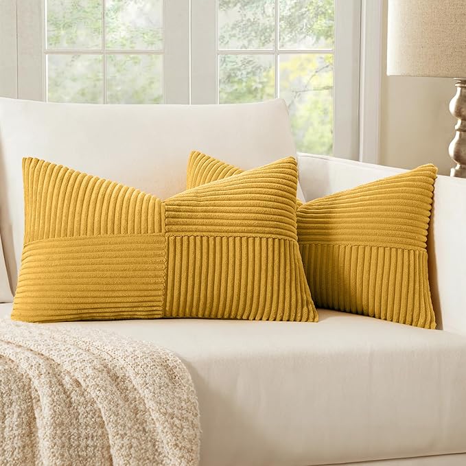 MIULEE Mustard Yellow Corduroy Pillow Covers Pack of 2 Boho Decorative Spliced Throw Pillow Covers Soft Solid Couch Pillowcases Cross Patchwork Textured Covers for Living Room Bed Sofa 12x20 inch