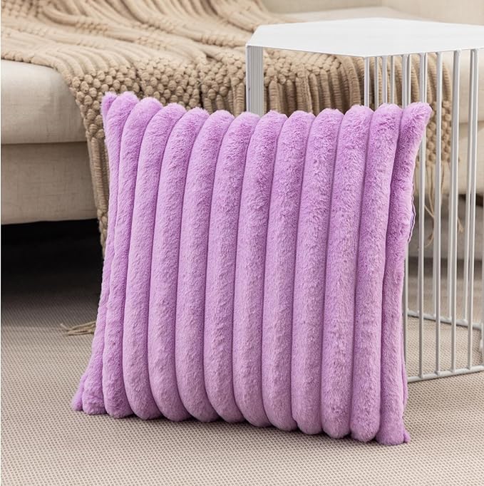 ZLINA Set of 2 Light Purple Faux Fur Decorative Throw Pillow Covers Fluffy Striped Pillowcase Cushion Covers 20 x 20 Inch Decor Sofa Couch Bedroom