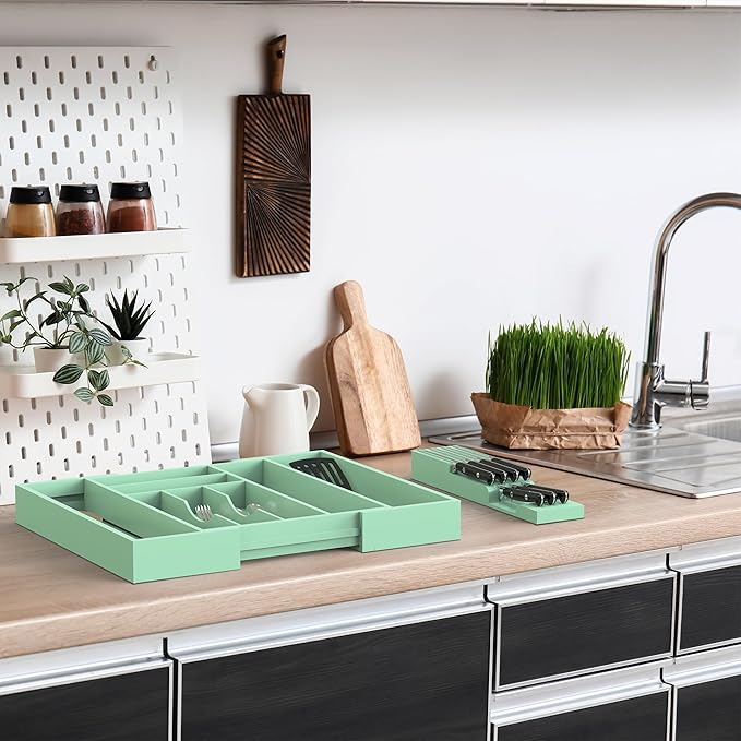 Bamboo Kitchen Drawer Organizer, Expandable Utensil Organizer with Removable Knife Block, Cutlery Tray Holder with Divider, Adjustable Silverware Organizer, Cyan