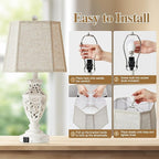 Lamps for Night Stands Set of 2-23.5" Boho Bedside Lamp with USB A+C and Nightlight - Cream Rustic Carved Resin Farmhouse Table Lamp for Bedrooms, End Tables, Living Room, Bulbs Included