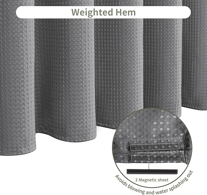 Inhousolu Fabric Shower Curtain Waffle Weave, 230 GSM Heavy Duty, Weighted Hem, 12 Metal Hooks, Water Repellent, Machine Washable, Hotel Spa Luxury Bath Curtain Set, 54 x 78 Inch, Grey
