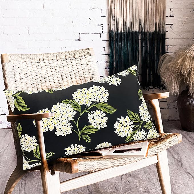 Decorative Throw Pillow Covers Set of 2 Black Hydrangea Pillow Covers 12x20 inch Super Soft Short Plush Square Floral Throw Pillows,Farmhouse Outdoor Pillow Covers for Couch Living Room
