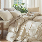 MooMee Bedding Duvet Cover Set 100% Washed Cotton Linen Like Textured Breathable Durable Soft Comfy (Heathered Almond Milk Grey, Super King Plus 120"x120")