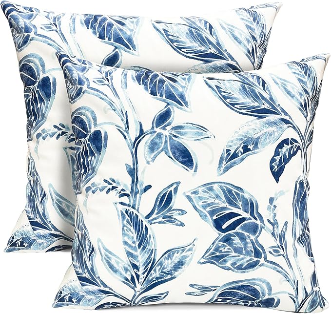 Decorative Throw Pillow Covers Set of 2 Blue Leaves Pillow Covers 18x18 inch Super Soft Short Plush Square Floral Throw Pillows,Farmhouse Outdoor Pillow Covers for Couch Bed Living Room