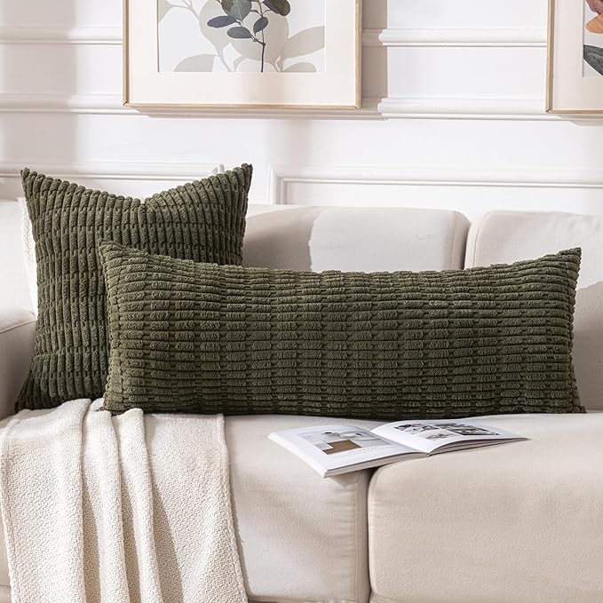 Fancy Homi Olive Green Long Body Lumbar Decorative Throw Pillow Covers 14x36 Inch for Bed Couch Bedroom, Soft Corduroy Rectangle Solid Pillow Case 35x91 cm, Rustic Farmhouse Boho Room Decor