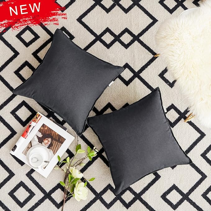 Jeanerlor Solid Cotton Linen Decoration Throw Pillow Cover Dark Grey Cushion Case vhc Pillow Cover Decorative Waist Pillowcase for Couch/Bed/Chair 18"x18" 2 pack