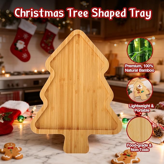 WILLKOMMEN Christmas Serving Tray, Bamboo Christmas Tree Serving Platter, Charcuterie Board Serving Dishes 11.8" x 8.7" for Party Cookie Fruit Tray Cheese Board Plate