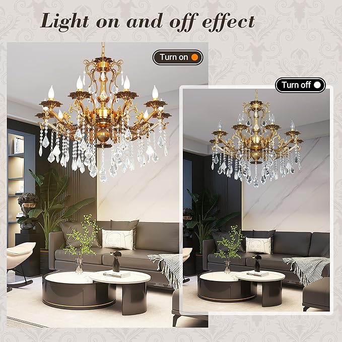 Luxury Copper Crystal Chandelier, 32" Vintage K9 Crystal Pendant Light with 10 Lights, Antique Brass Ceiling Light Fixture with Scrolled Arms for Dining Room Living Room Foyer Villa Hotel
