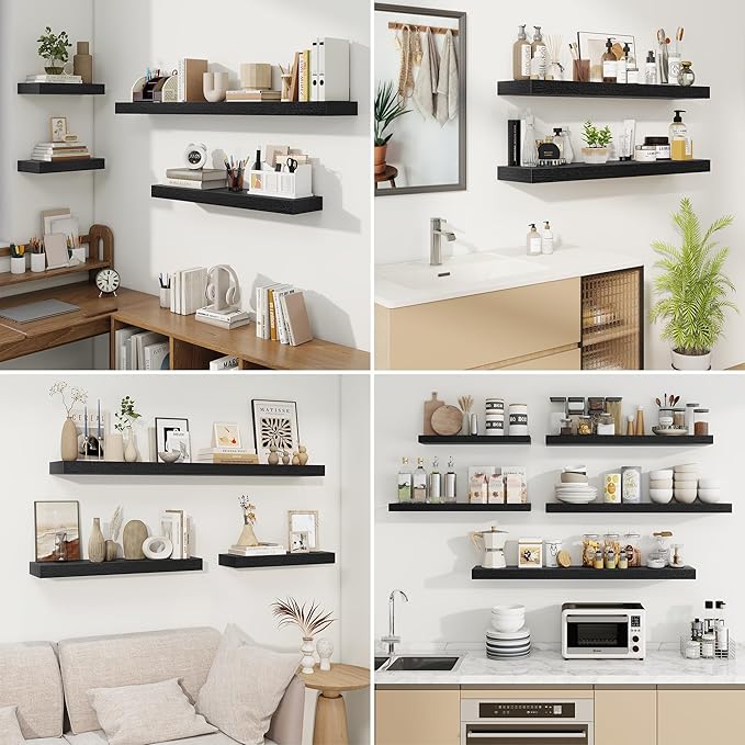 fuqing Floating Shelves for Wall, Wall Mounted Wood Floating Shelf with Invisible Brackets for Living Room, Bathroom, Bedroom, Kitchen Storage and Decor, 48 Inch Set of 2, Black