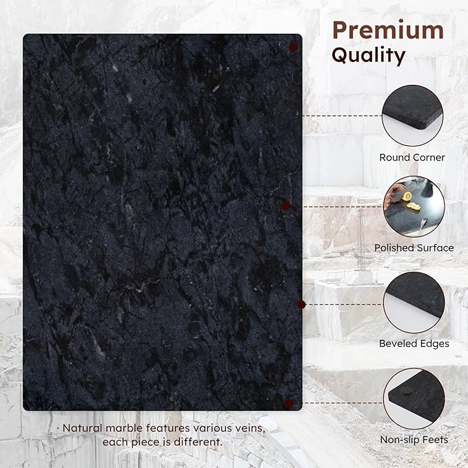 Diflart Natural Marble Stone Cutting Board for Kitchen, 16x20 Inch, Black, Marble Slab Pastry Board Large with Non Slip Feets for Keep the Dough Cool and Chocolate Tempering, Pack of 1 Pcs