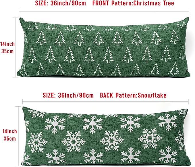 Reversible Christmas Pillow Covers 14x36, Chenille Double-Sided Snowflake & Tree, Cozy Farmhouse Holiday Throw Pillowcases with Hidden Zipper for Sofa, Couch and Bed(Green,36x14)