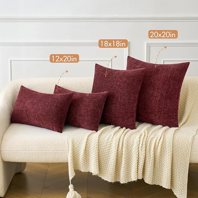 MIULEE Pack of 2 Christmas Couch Throw Pillow Covers 16x16 Inch Soft Wine Red Chenille Pillow Covers for Sofa Living Room Solid Dyed Pillow Cases