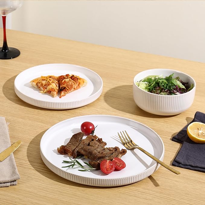 Frewinky Ceramic Dinnerware Sets for 8, Round Reactive Glaze Porcelain Plates and Bowls Sets, Scratch Resistant Modern Dishes Set, Dishwasher & Microwave Safe, Service for 8-White