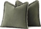 MIULEE Decorative Throw Pillow Covers Neutral Linen Fringe Throw Pillows Euro Shams Set of 2 Olive Green Boho Farmhouse Cushion Covers for Couch Sofa Bed Living Room Spring Home Decor 26x26 Inch