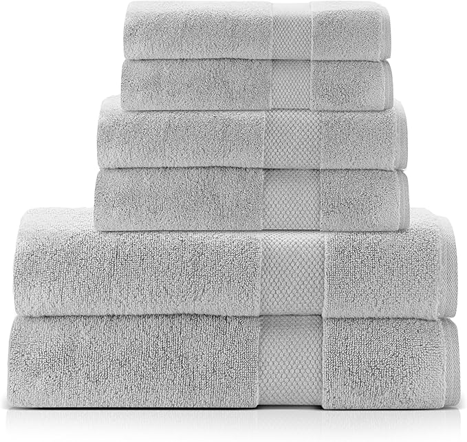 Premium Staple Cotton Bathroom Towel Set - Gray 600 GSM 6-Piece Luxury Bath Towel Set 1 Stripe - 2 Bath Towels, 2 Hand Towels & 2 Washclothes Set - High Absorbent & Quick Dry for Gym, Spa, Hotel