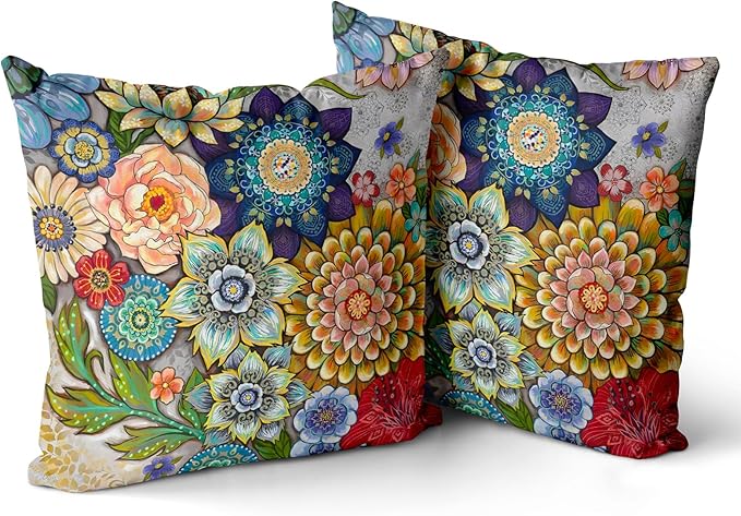 Snycler Boho Floral Throw Pillow Covers Set of 2 Colorful Boho Flower Decorative Cushions Pillowcase for Bedroom Sofa Home Decor, 22x22 Inch, Velvet, Short Plush