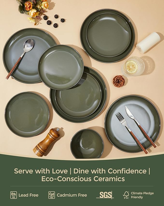 Ceramic Plate Set 10 Inch, Terracotta Dinner Plates of 6, Microwave Safe Plate, Large Serving Plates for for Salad Pasta Steak, Blackish Green