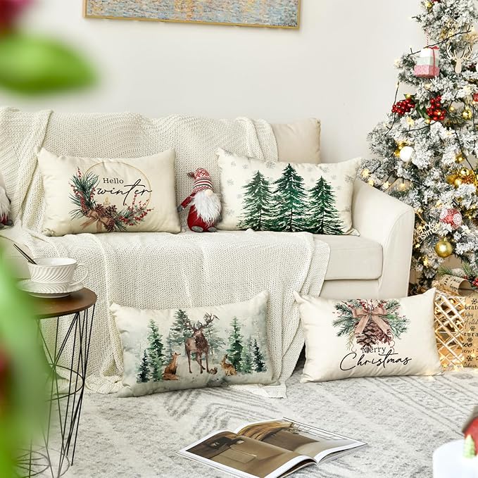AVOIN colorlife Merry Christmas Trees Reindeer Snowflake Throw Pillow Covers, 12 x 20 Inch Xmas Red Berries Hello Winter Holiday Cushion Case Decoration for Sofa Couch Set of 4