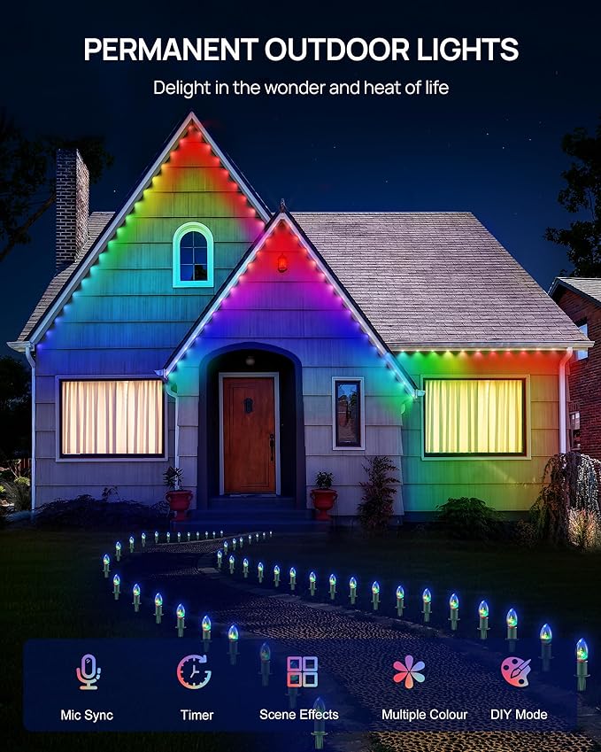 VCOKEN Permanent Outdoor Lights, 63.6ft with 36LED Outdoor Christmas Lights with App Control Remote, DIY Scene Modes Eaves IP65 Waterproof Light for Christmas, Holiday, Decor, Garden Decor