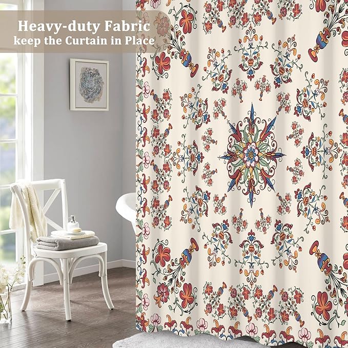 Boho Shower Curtain Floral Pattern Fabric Curtain for Bathroom Plant Theme Religion Floral Shower Curtain Sets Waterproof Decor 72x96Inch