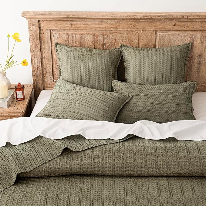 Foindtower Set of 2 Decorative Cotton Waffle Weave Throw Pillow Covers Euro Shams Cushion Covers Accent European Pillowcase for Bed Couch Sofa Bedroom Living Room Home Decor 22×22 Inch Olive Green
